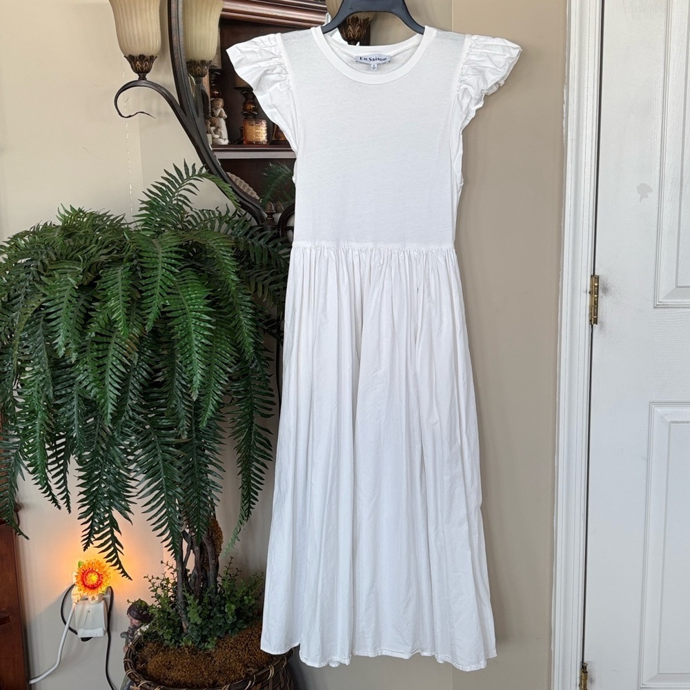 En Saison White Midi Dress Cotton Crew Neck Ruffle Short Sleeves Casual Pockets